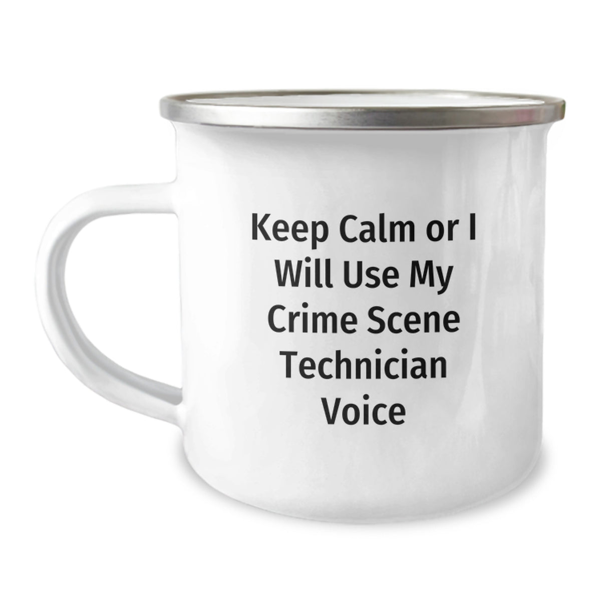 Crime Scene Technician Gift for Him - Keep Calm Voice Enamel Camping Mug - Image 1
